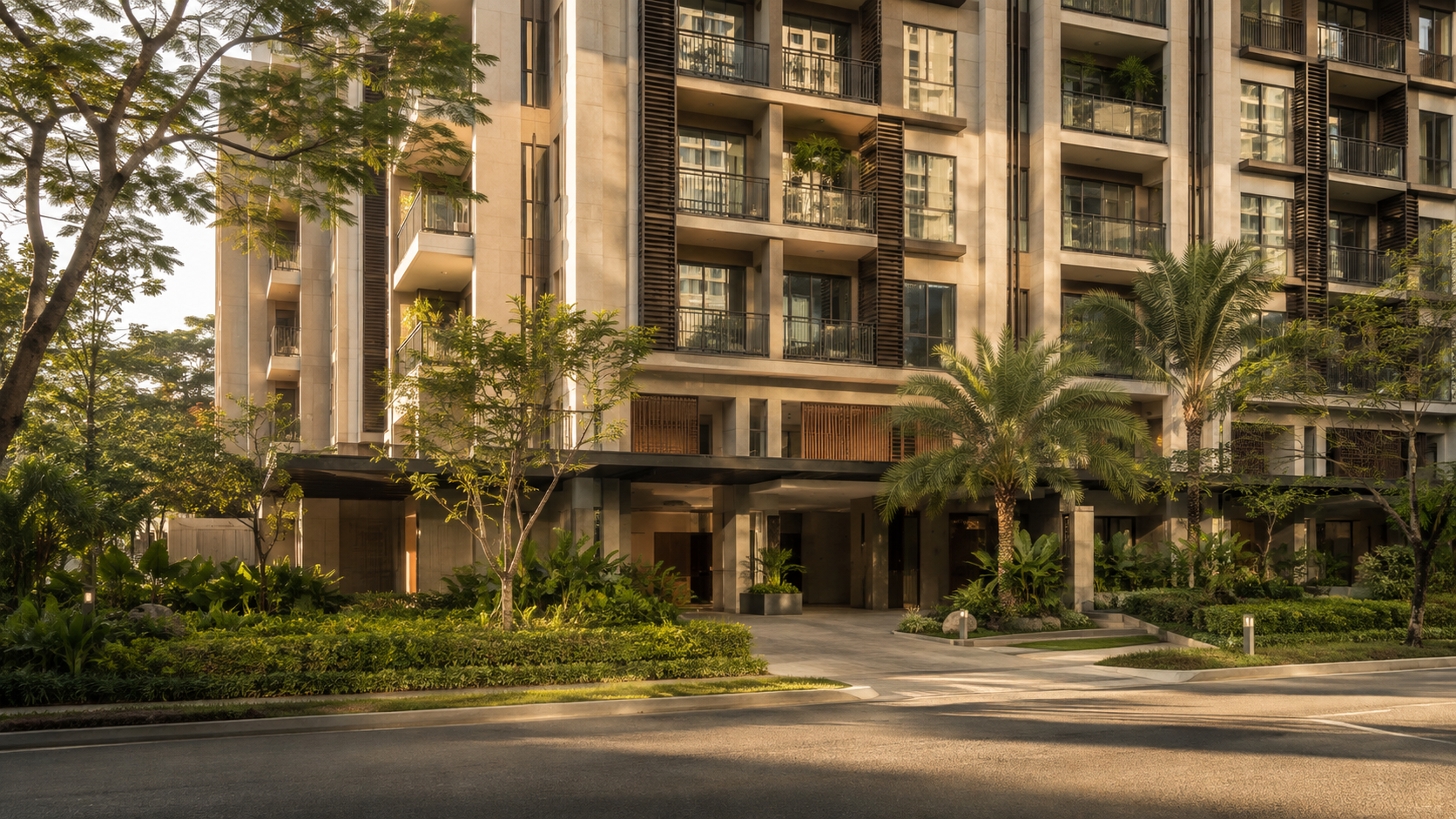 Luma Residences exterior with tropical landscaping